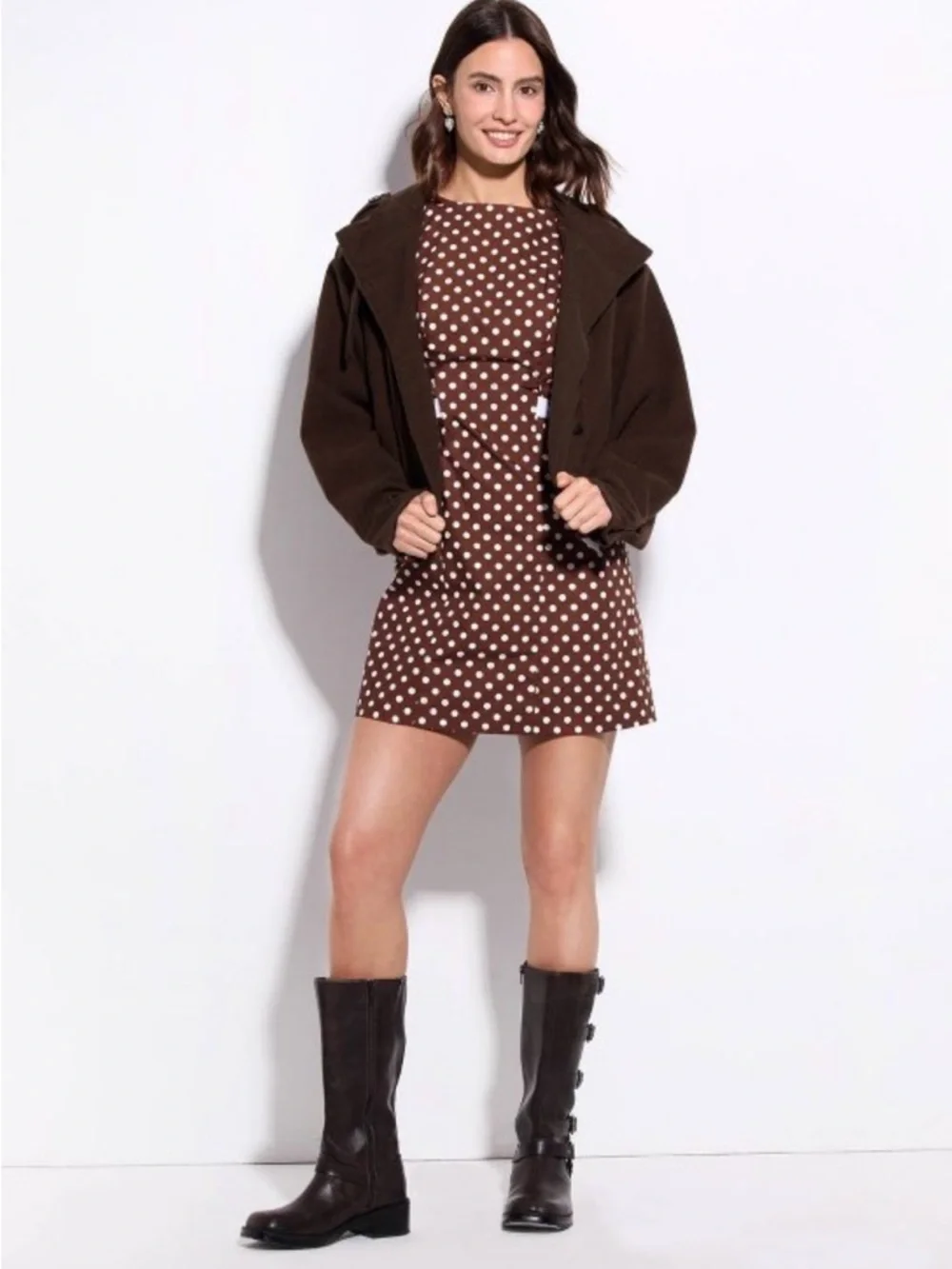 NWT wild fable Brown Polka Dot Sleeveless Mini Dress with White Side Ties - Picture 4 of 8